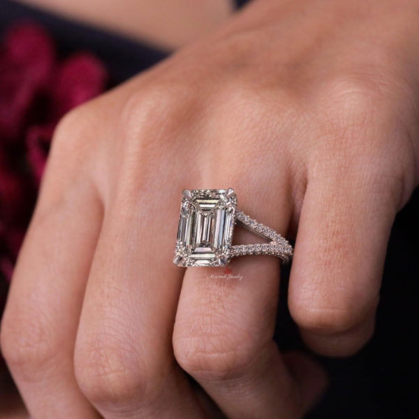 Emerald Cut Moissanite Ring Hidden Halo Split Shank 8ct Emerald Cut Engagement Wedding Ring Statement Cocktail Ring anniversary ring women