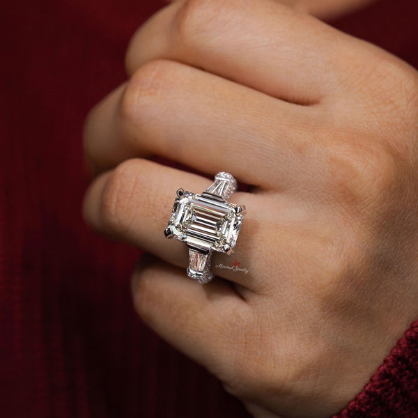 9CT lab grown diamond ring Three stone Emerald cut engagement ring IGI certified large diamond wedding ring hidden halo anniversary gift her