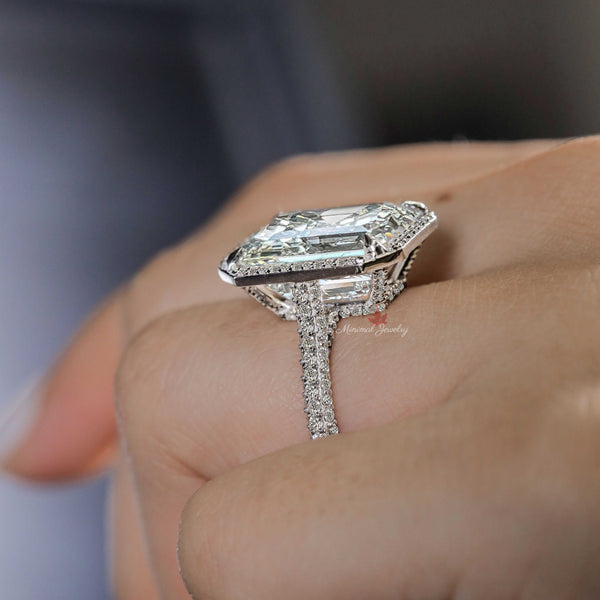 Emerald cut moissanite engagement ring 13.5 CT solitaire halo wedding ring large diamond cocktail ring gold cathedral ring anniversary ring