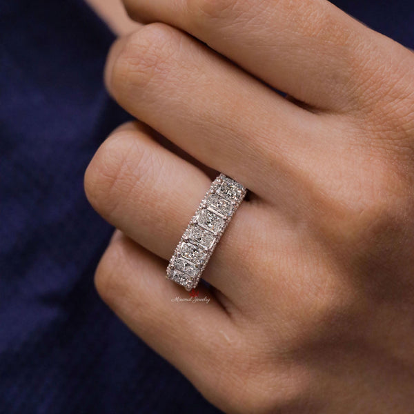 Moissanite wedding band Radiant eternity band,7.23 TCW full eternity ring,modern thick anniversary 4mm wedding band,Matching stackable rings