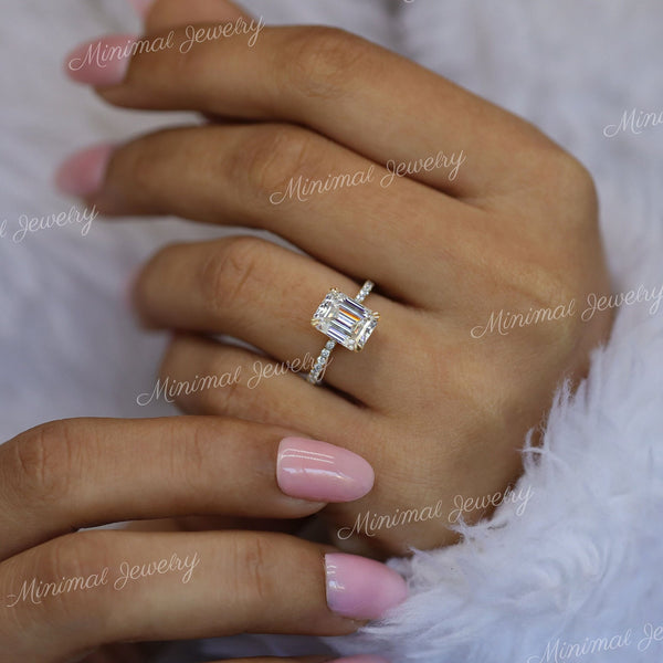 2.5 CT Emerald cut engagement ring,hidden halo,Moissanite Emerald solitaire ring,1.5mm thin band,modern aniversary ring,wedding ring,women