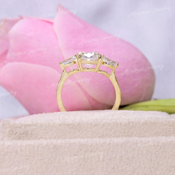 2.5 CT cushion cut engagement ring,moissanite three stone ring,pear side stone&elongated cushion moissanite ring,anniversary,wedding ring