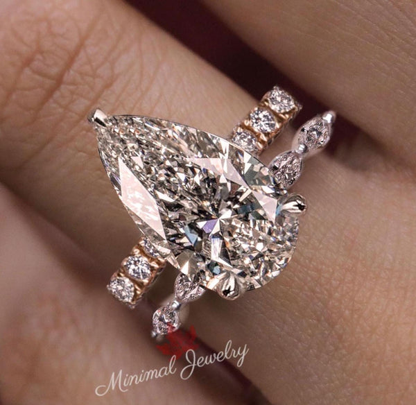 5CT pear cut moissanite engagement ring set Rose gold pear shape engagement ring solitaire cathedral two tone ring anniversary wedding ring