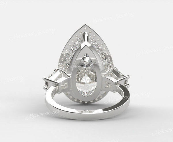 6.5 CT pear shaped engagement ring,Three stone moissanite pear halo,unique celebrity style,trapezoid&large pear moissanite,rare wedding ring