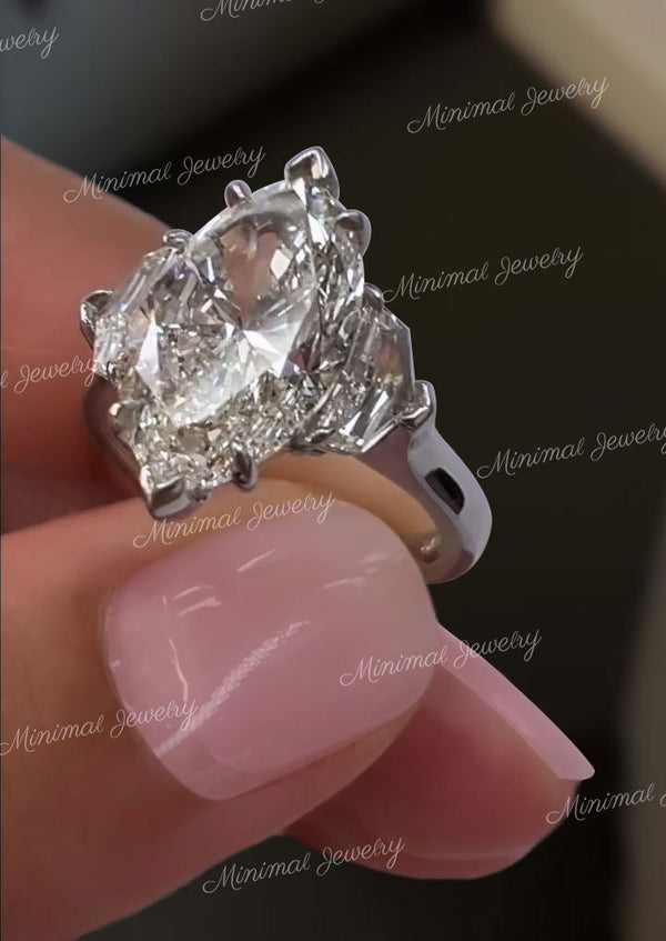4CT Marquise Engagement Ring Three Stone Marquise Moissanite Ring Side Trapezoids Grey Moissanite Ring 14k Gold wedding anniversary ring