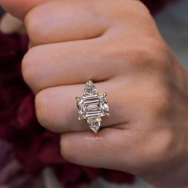 4.5CT lab grown diamond ring Three stone Emerald cut engagement ring hidden halo IGI certified diamond wedding ring for women anniversary