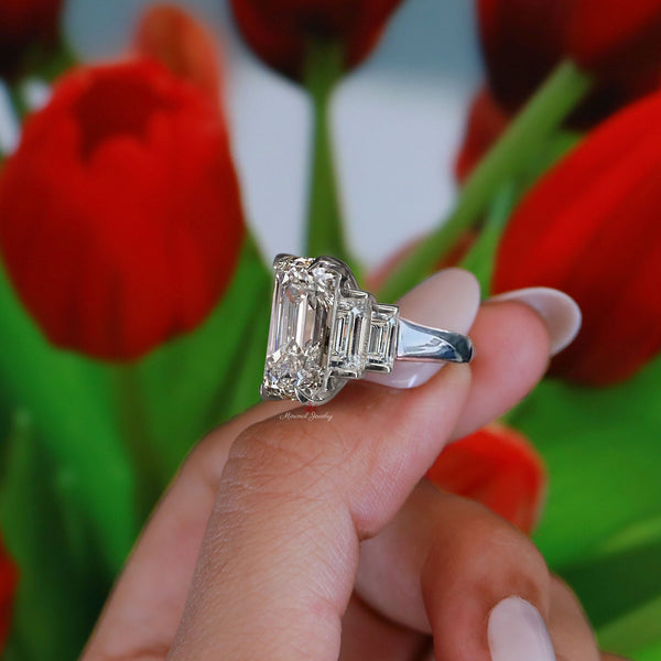 Emerald cut moissanite engagement ring,10.32TCW Five Stone Ring,unique celebrity style bezel emerald moissanite,5th anniversary wedding ring