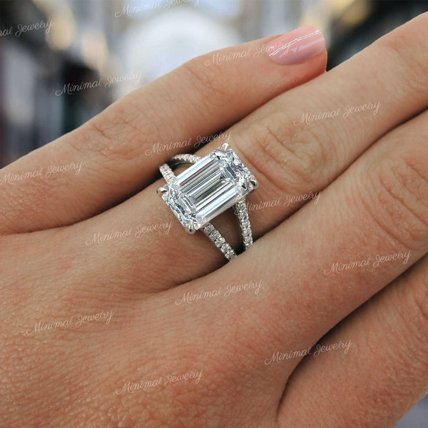 Emerald cut moissanite engagement ring split band solitaire 4.5 carat unique emerald cut moissanite ring split shank wedding ring for women