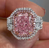 4.2CT Radiant morganite engagement ring Three stone halo rose gold Morganite ring,celebrity style moissanite&big pink morganite wedding ring