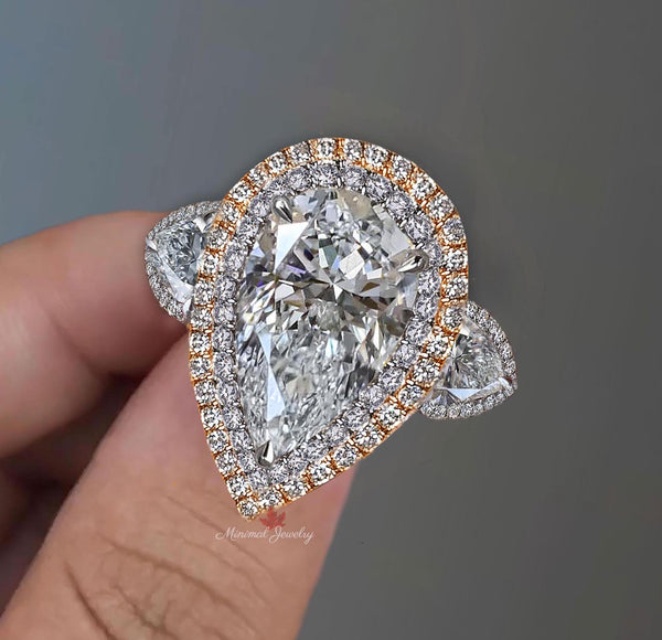 6 CT pear shaped engagement ring large Three stone pear moissanite engagement ring double halo two tone ring diamond cocktail wedding ring