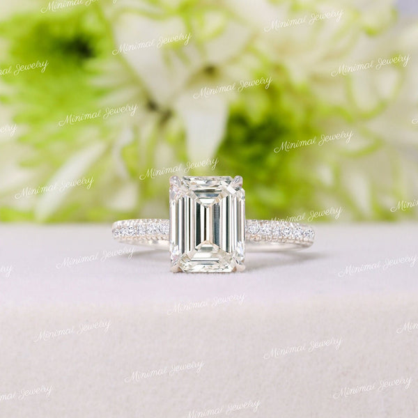 2.5CT Emerald cut moissanite engagement ring,hidden halo,unique emerald cut solitaire ring,3 row pave,claw prong,14k white gold,wedding ring