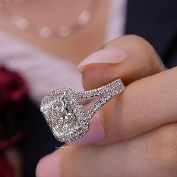 4CT Radiant cut Moissanite Engagement Ring Split Shank 14K Gold Crushed Ice Radiant Halo Wedding Ring Anniversary Ring for Women