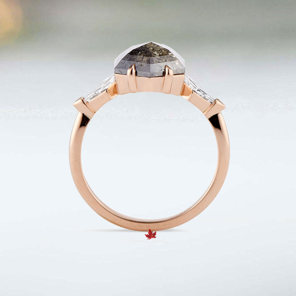 2.9CT hexagon salt and pepper diamond ring,2 kite shaped three stone engagement ring,unique claw prong wedding ring,anniversary,promise ring