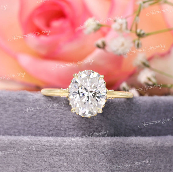 2.5 CT oval engagement ring,moissanite oval solitaire ring,hidden halo,modern,pave bridge,wedding ring,women,promise ring,14k yellow gold