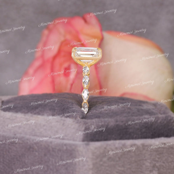 2.5CT emerald cut Moissanite engagement ring,unique,vintage style engagement ring,hidden halo,Moissanite emerald solitaire ring,wedding ring