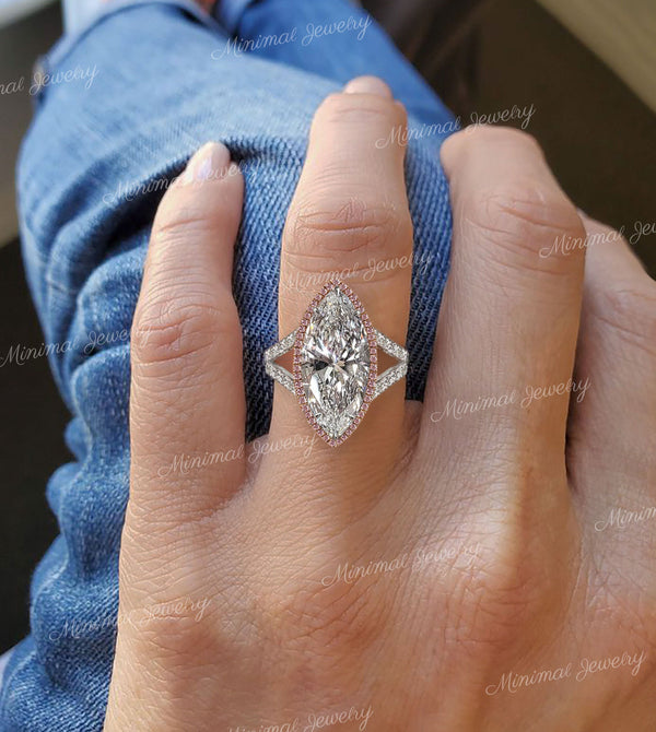6CT Marquise Moissanite Engagement Ring: Split Shank Halo, Two Tone