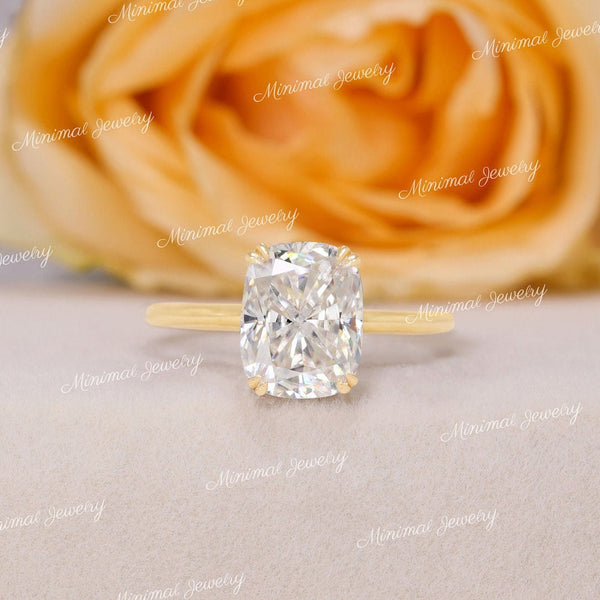 2.5 CT cushion cut engagement ring,hidden halo moissanite ring,unique double prong,14k elongated cushion,modern trendy,wedding ring,women