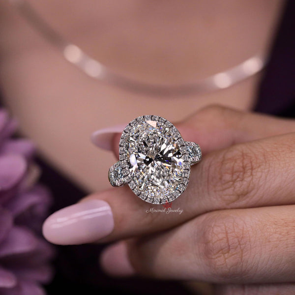 8CT oval engagement ring with halo big Oval moissanite engagement ring wide band statement wedding ring women large diamond anniversary ring