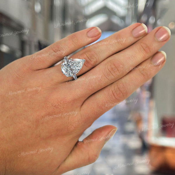 6 CT pear shaped engagement ring,moissanite three stone ring,unique large pear cut engagement ring,white gold diamond wedding ring,women
