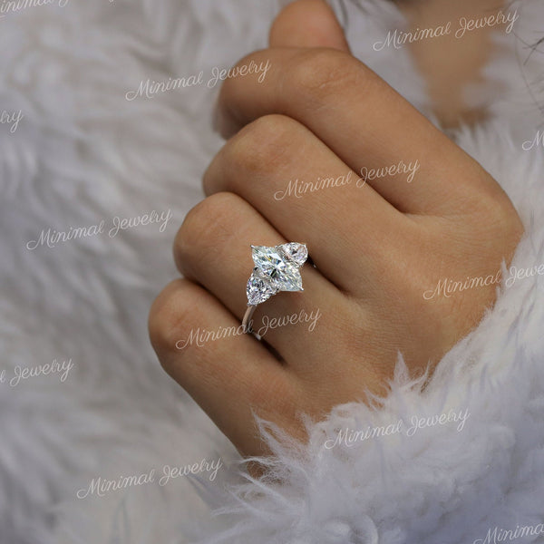2 CT Marquise cut moissanite,three stone engagement ring,trillion cut&marquise,unique moissanite cluster ring,14k white gold wedding ring
