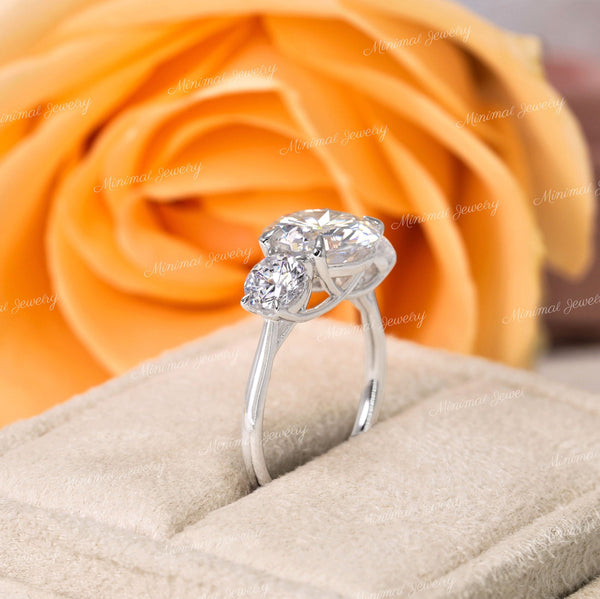 3.48 TCW three stone moissanite ring,round cut trellis engagement ring,14k white gold,past present future anniversary ring,triple stone ring