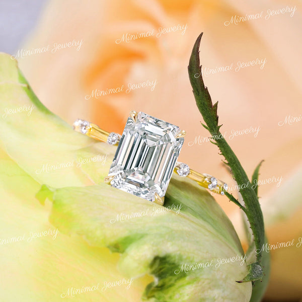2.5 CT emerald cut moissanite engagement ring,hidden halo,unique emerald cut solitaire moissanite,pave space 18k/14k gold,wedding ring women
