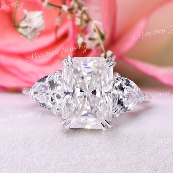 3 CT Radiant Cut Moissanite Ring,Three Stone Engagement Ring,Side trillion,Claw Prongs,unique trilogy ring,bridal Wedding Ring,white gold