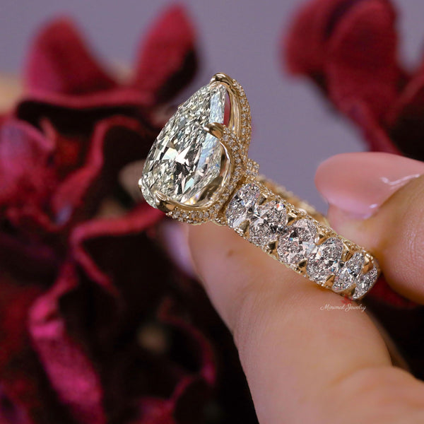 8 CT Large Moissanite pear shaped ring,wide band teardrop ring,unique celebrity style pear moissanite engagement ring,iced out wedding ring