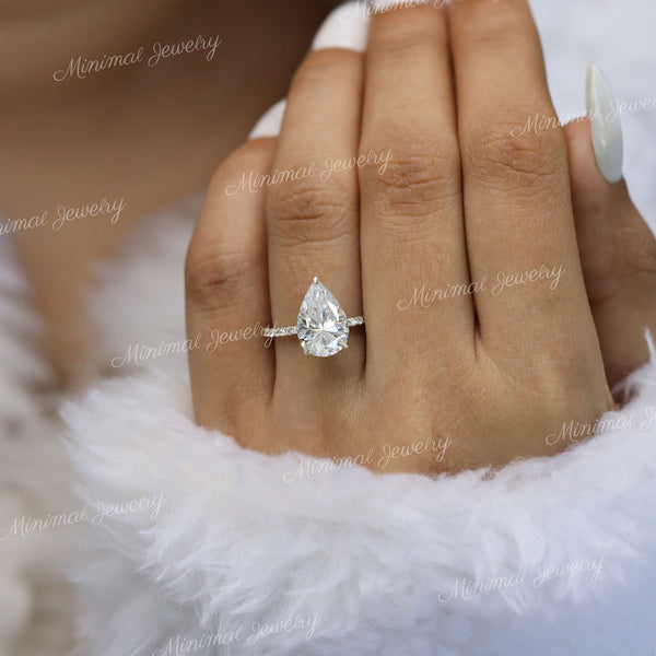 3 CT Pear shaped engagement ring,Moissanite pear hidden halo,solitaire pear cut moissanite ring,14k white gold teardrop ring,wedding ring