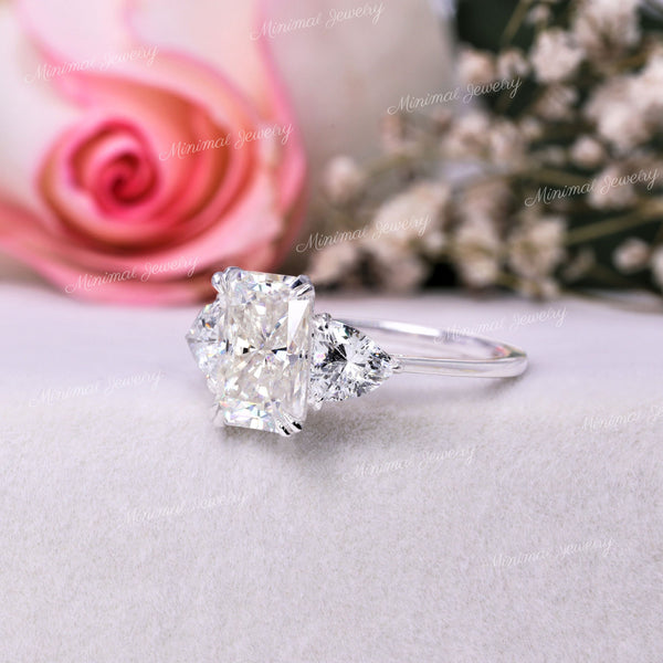 3 CT Radiant Cut Moissanite Ring,Three Stone Engagement Ring,Side trillion,Claw Prongs,unique trilogy ring,bridal Wedding Ring,white gold