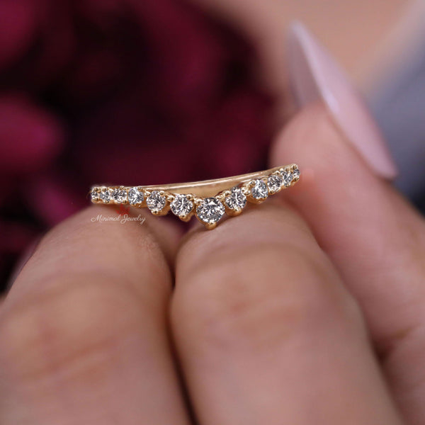 Dainty 14k Yellow Gold Moissanite Chevron Wedding Band
