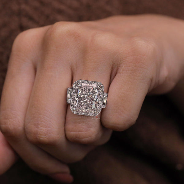 Radiant Cut Moissanite Engagement Ring 10 CT Three Stone Halo Filigree Ring Art Deco Wedding Ring Statement Large Diamond Anniversary ring