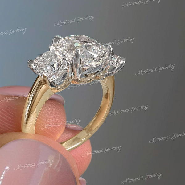 5.5 TCW cushion cut Moissanite engagement ring,Three stone crushed ice moissanite trilogy ring,past present future,triple stone wedding ring