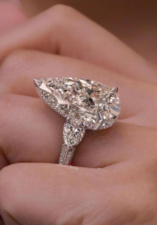 15CT Pear Cut Moissanite Engagement Ring Three Stone Hidden Halo Large Statement Wedding Ring Anniversary Ring for Women pear shaped ring