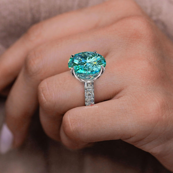 11CT Green Moissanite Ring White Gold Statement Cocktail Ring Large Blue Moissanite Wedding Anniversary ring newly engaged Gift for Her
