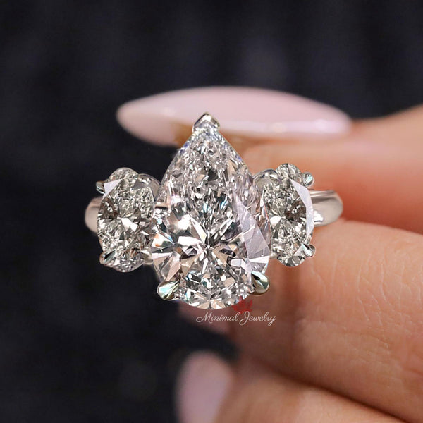 Pear Lab Grown Diamond Engagement Ring Three stone Wedding ring 4CT pear shaped CVD lab created diamond Teardrop annivesary ring 14k gold