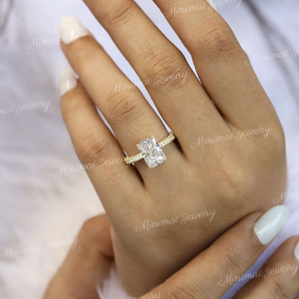 3 CT Radiant moissanite engagement ring,hidden halo,unique three row pave,thick band,solitaire moissanite radiant cut ring wedding ring