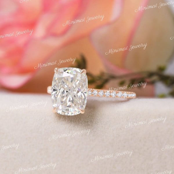 2.5 CT cushion cut moissanite engagement ring,hidden halo,14k Rose gold,pave bridge,elongated cushion,solitaire Cathedral ring,wedding ring