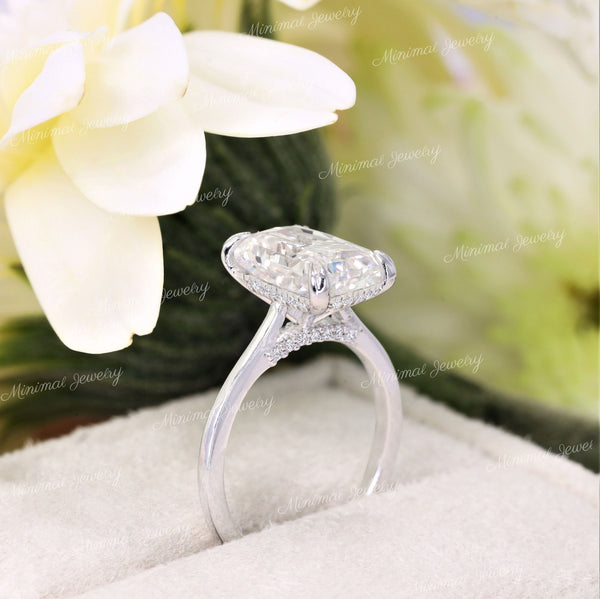 3 CT radiant cut moissanite engagement ring hidden halo wedding Ring pave bridge 14k Gold Cathedral ring solitaire simple engagement ring