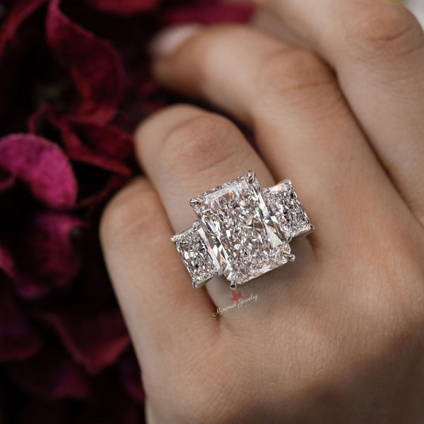 Three Stone Radiant Cut Moissanite Ring 9.5CT Wide Band Engagement Ring 14K White Gold Large Statement Wedding Anniversary Ring