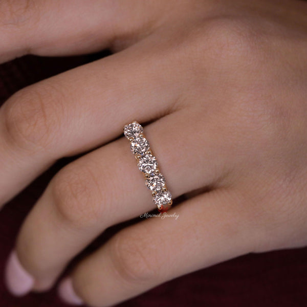 1.35 TCW Round Cut Moissanite Wedding Band,five stone ring,half eternity wedding band,comfort fit,rose Gold wedding band,anniversary gift