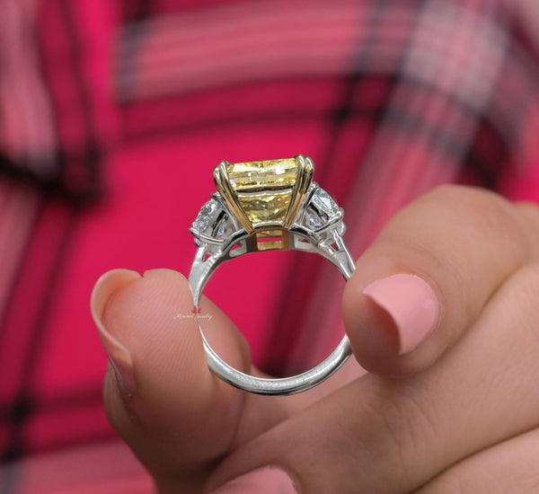 11.24 TCW Canary yellow Radiant cut Moissanite engagement ring Three stone yellow sapphire ring moon& moissanite sapphire anniversary ring