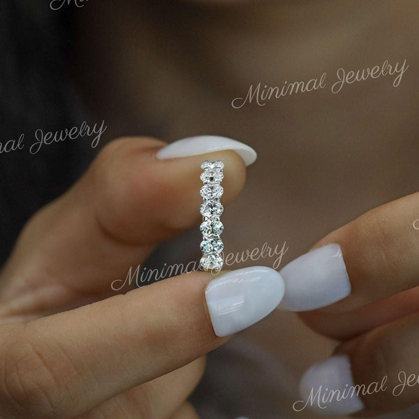 Oval Moissanite Wedding Band 7 Stone Half Eternity Ring Modern 3mm 14k White Gold Anniversary Band Dainty Stacking Ring Women