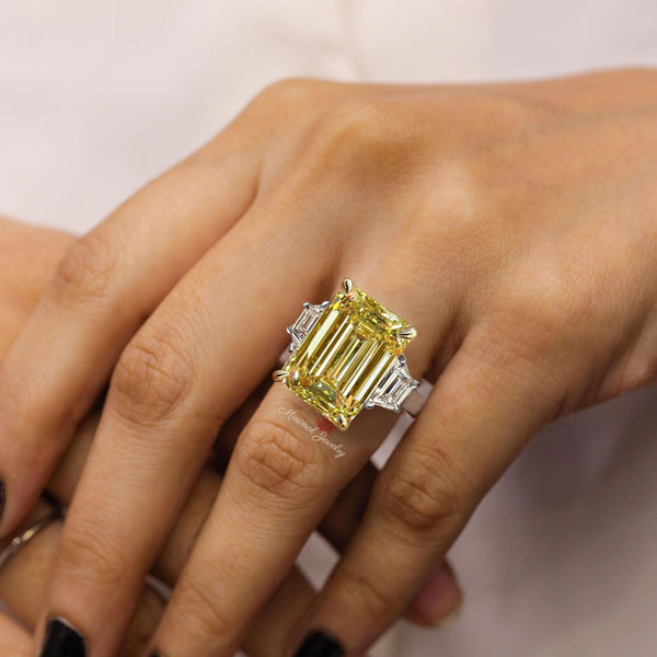 11.5 CT canary yellow Emerald cut moissanite engagement ring Large Three stone yellow sapphire ring fancy yellow diamond ring wedding ring