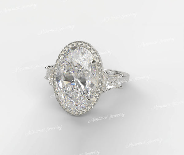 9.21 TCW Three stone oval engagement ring celebrity style,baguette&halo large oval moissanite engagement ring big diamond ring wedding ring