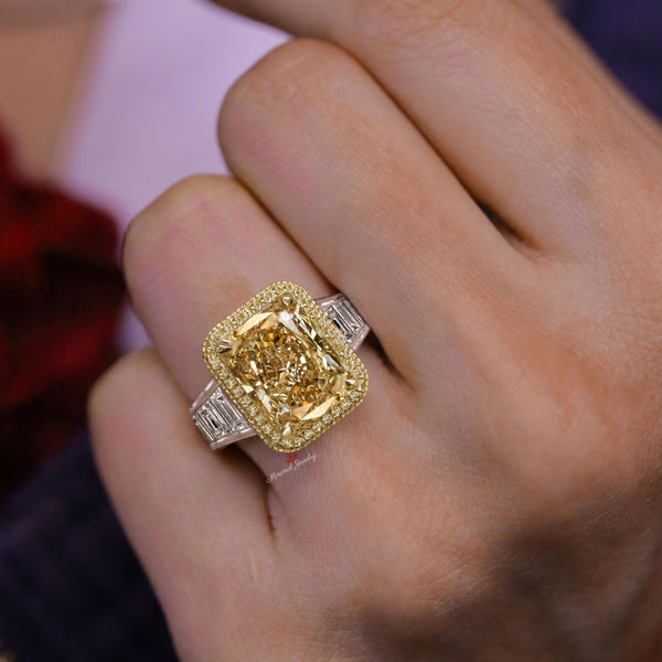 8 CT canary yellow radiant cut engagement ring,large fancy yellow moissanite ring,big celebrity Halo ring,diamond cocktail statement ring