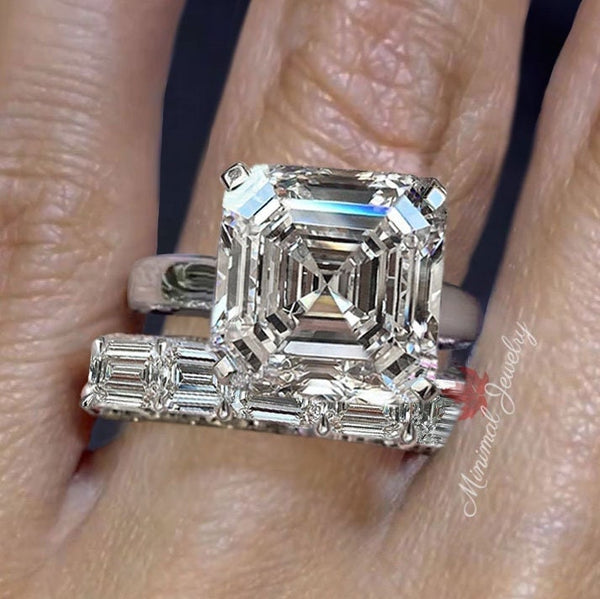 Asscher moissanite engagement ring set wedding band set 9CT solitaire asscher cut ring with half eternity band large diamond cocktail ring