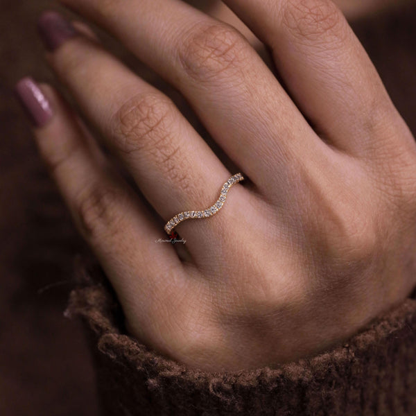 Dainty Lab Grown Diamond Chevron Wedding Band: 0.29 TCW,14k yellow Gold