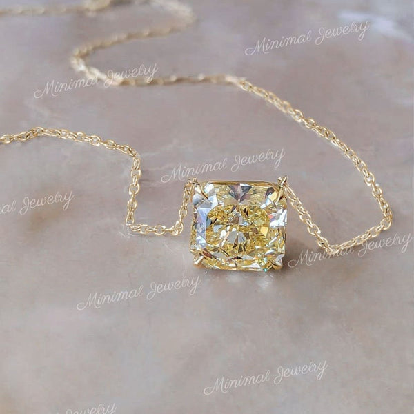 canary yellow moissanite pendant necklace,18k/14k solid gold chain necklace Radiant cut pendant moissanite necklace,solitaire necklace