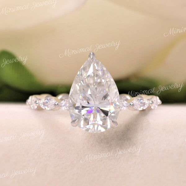 3 CT pear shaped engagement ring solitaire pear moissanite ring hidden halo unique vintage style engagement ring 14k white gold wedding ring
